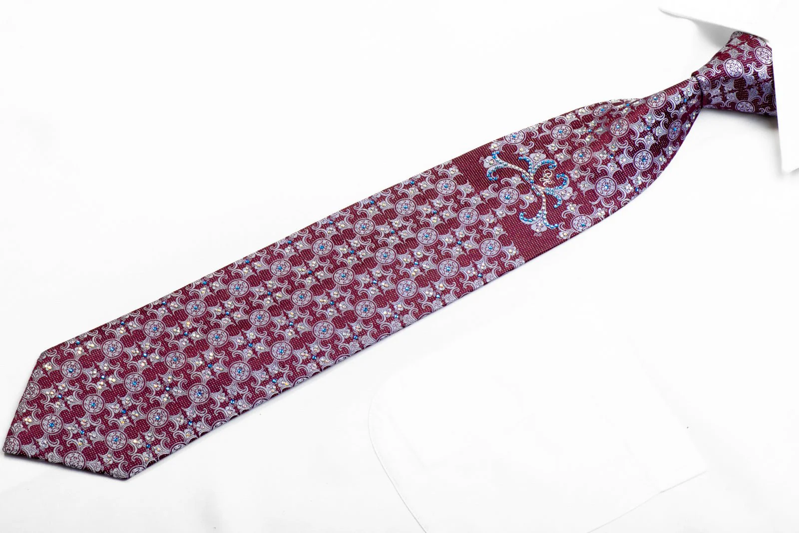 Daniel Hechter Rhinestone Silk Tie Blue Damask On Burgundy With Silver Sparkles - Image 5