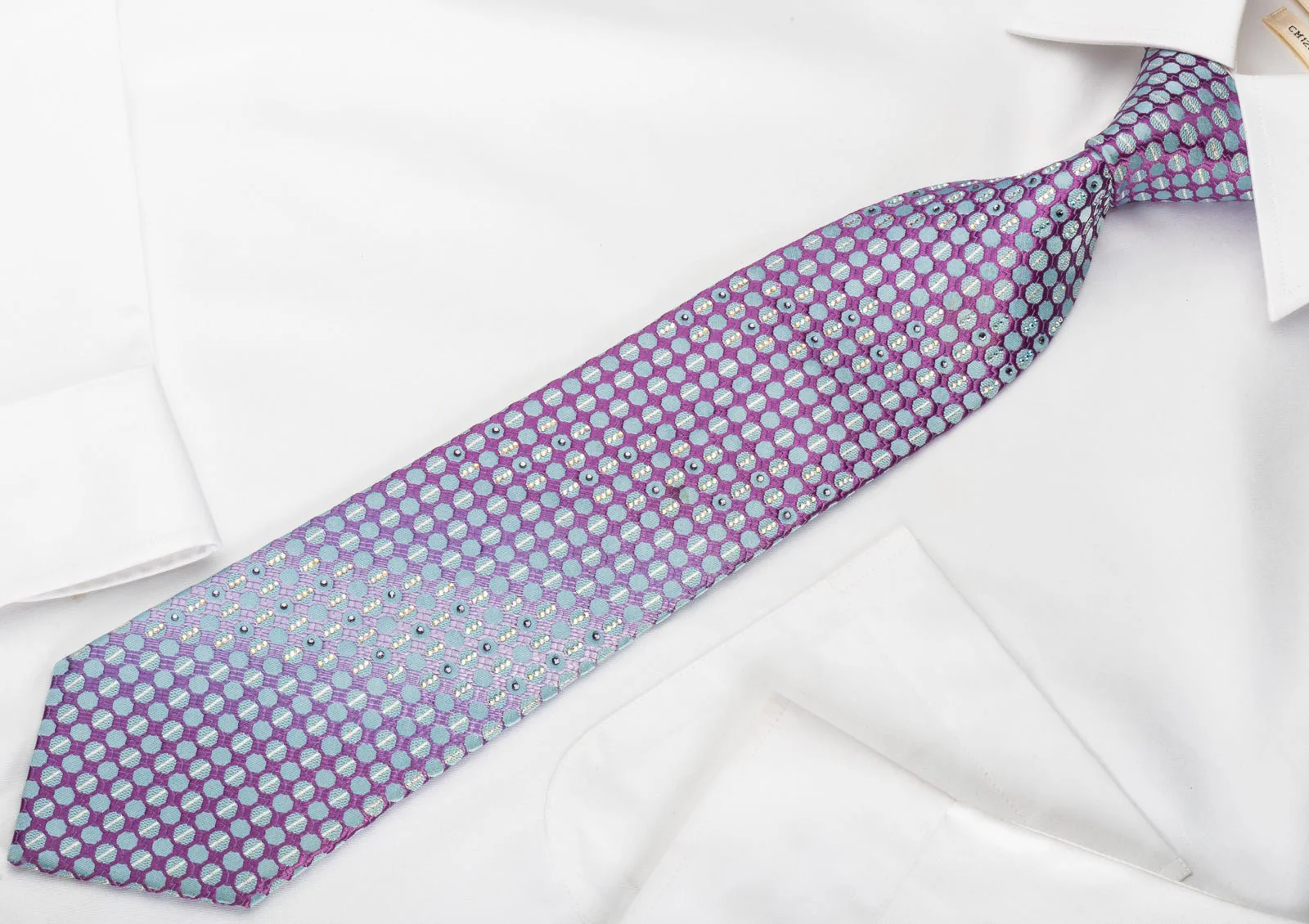 Daniel Hechter Rhinestone Silk Tie Blue Dots On Purple With Silver Sparkles - Image 6