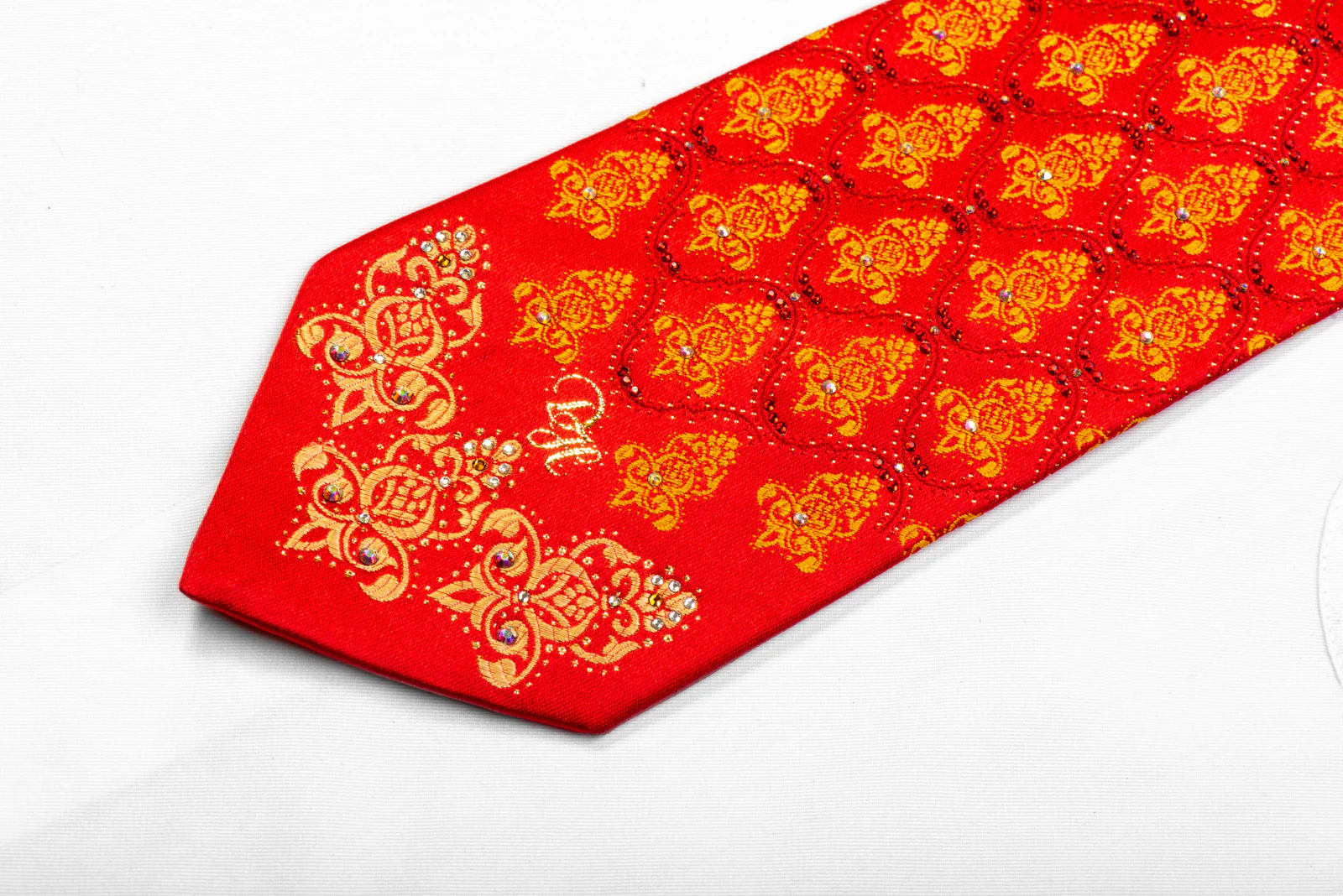 Rhinestone Silk Tie Gold Damask On Red With Sparkles - Image 3