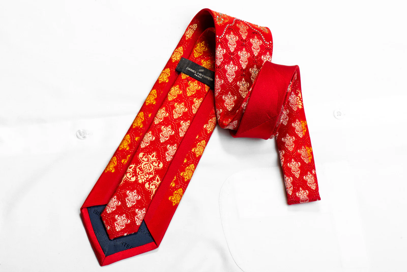 Rhinestone Silk Tie Gold Damask On Red With Sparkles - Image 5