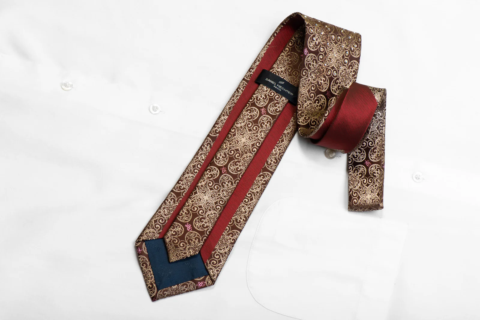 Daniel Hechter Rhinestone Silk Tie Gold Filigree On Brown - Image 4