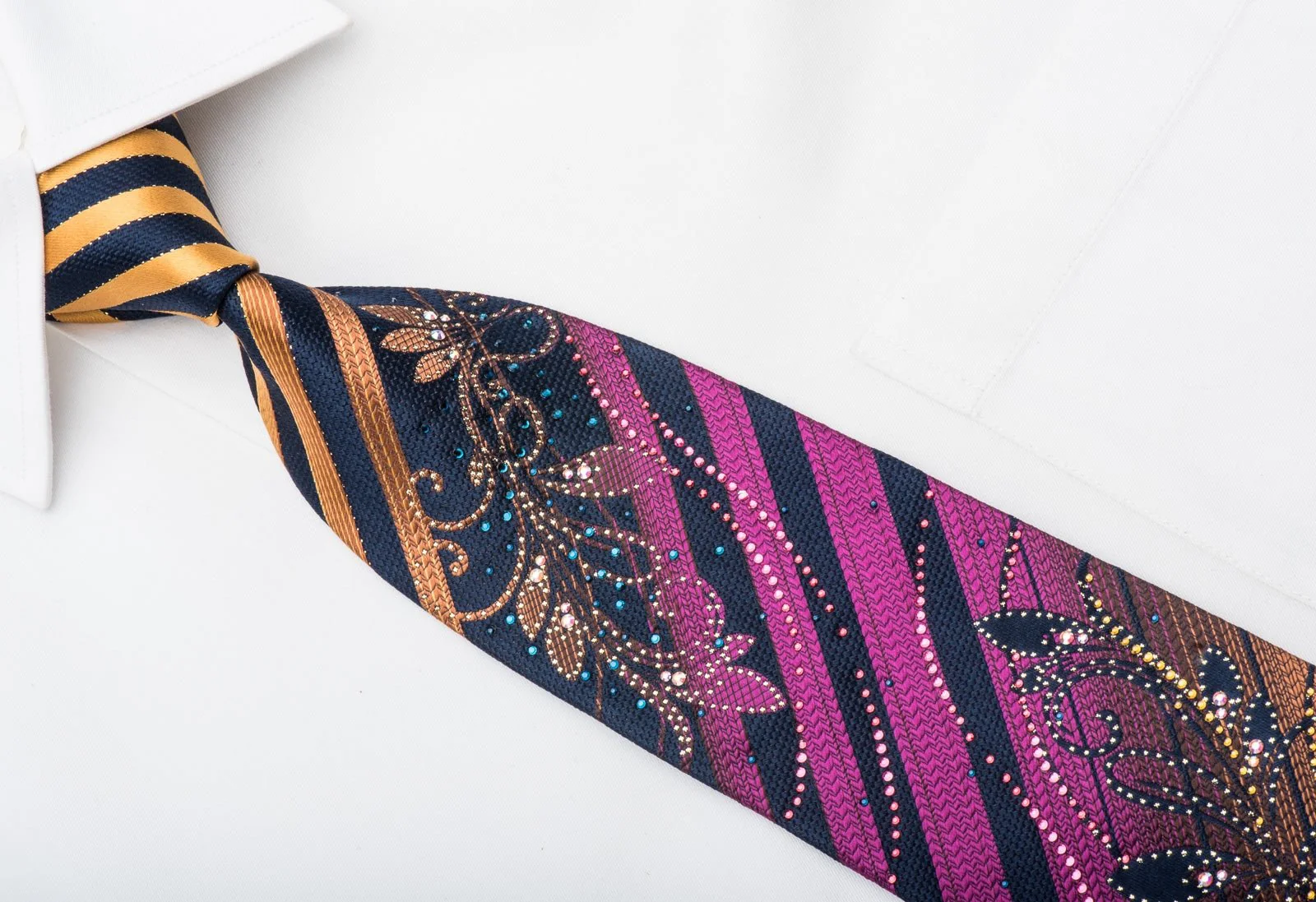 Daniel Hechter Rhinestone Tie Floral Scrolls On Orange Purple Striped With Sparkles - Image 2