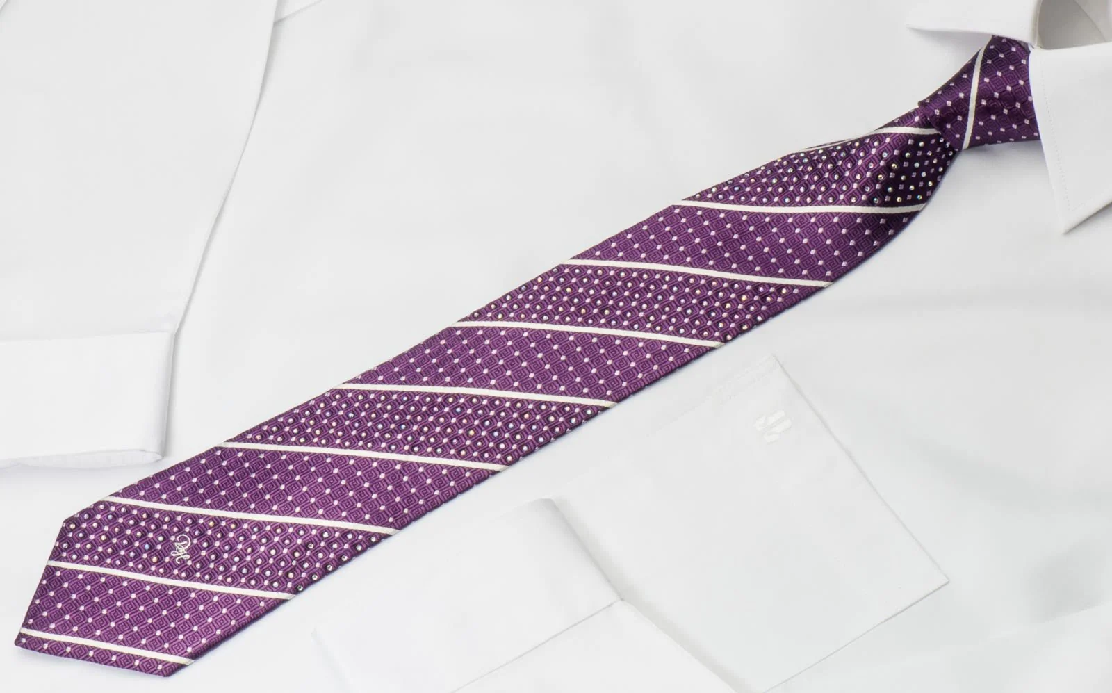 Daniel Hechter Rhinestone Tie Silver Stripes On Purple With Silver Sparkles - Image 4