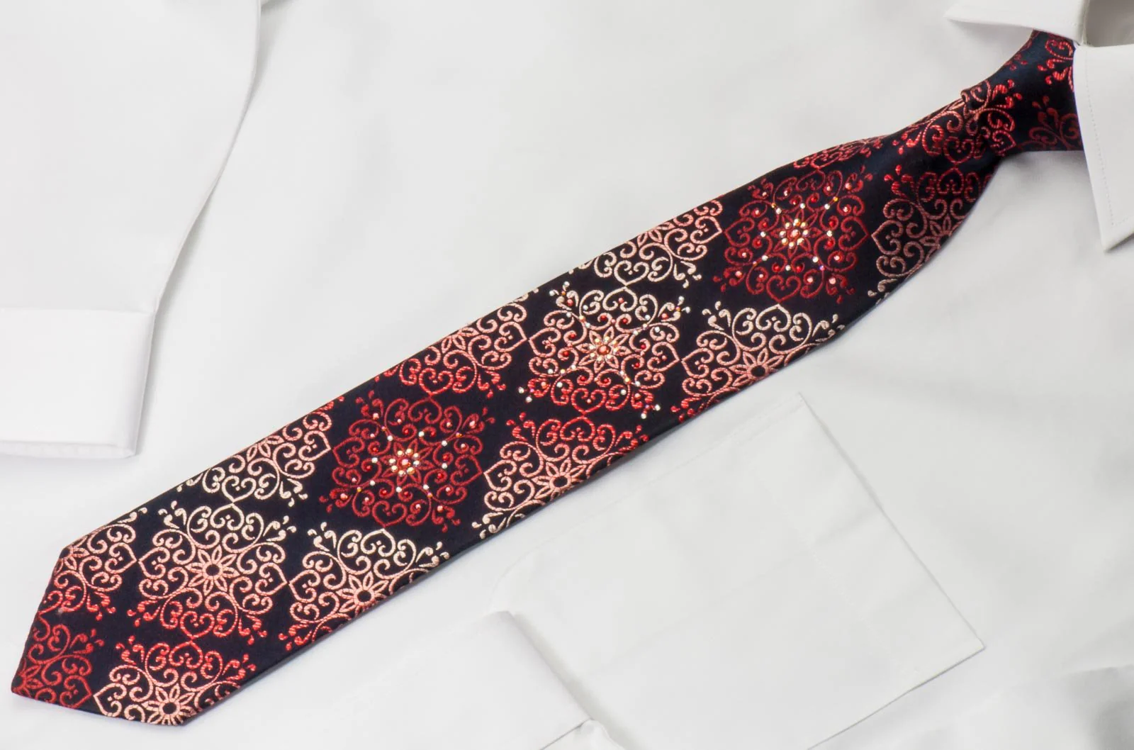 Silk Necktie Burgundy Damask On Navy With Crystal Rhinestones - Image 3