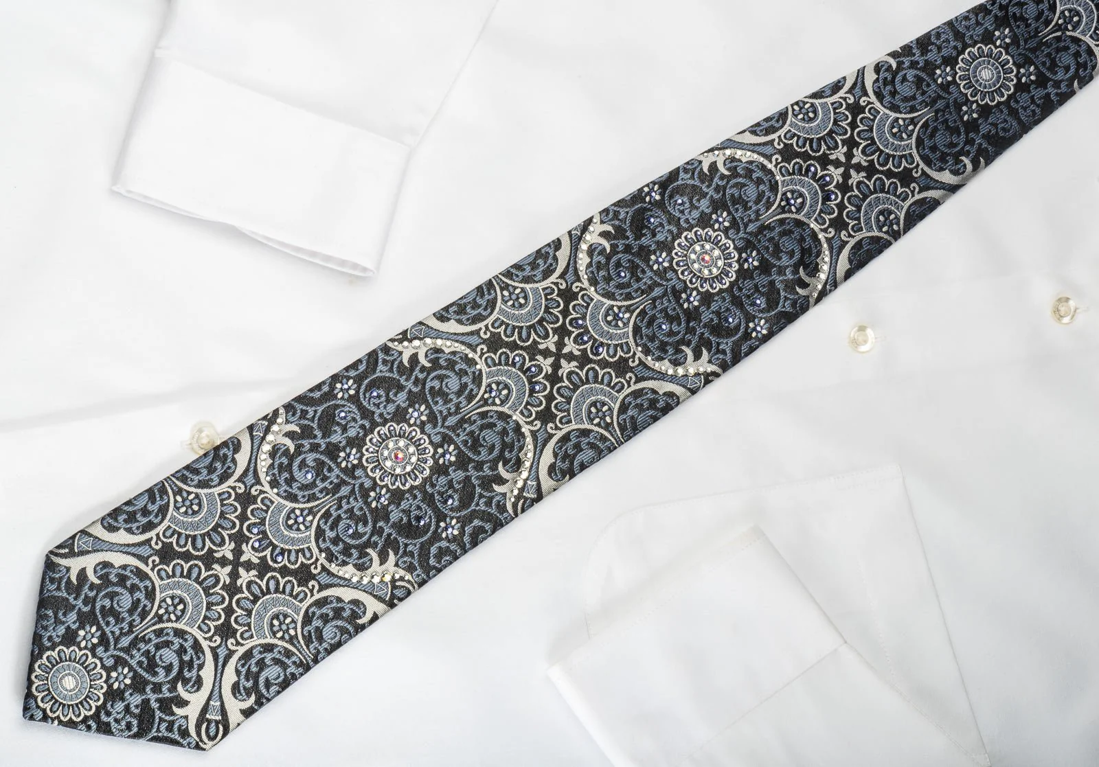 Daniel Hechter Silk Necktie Silver Damask On Black Sparkling With Rhinestones - Image 4