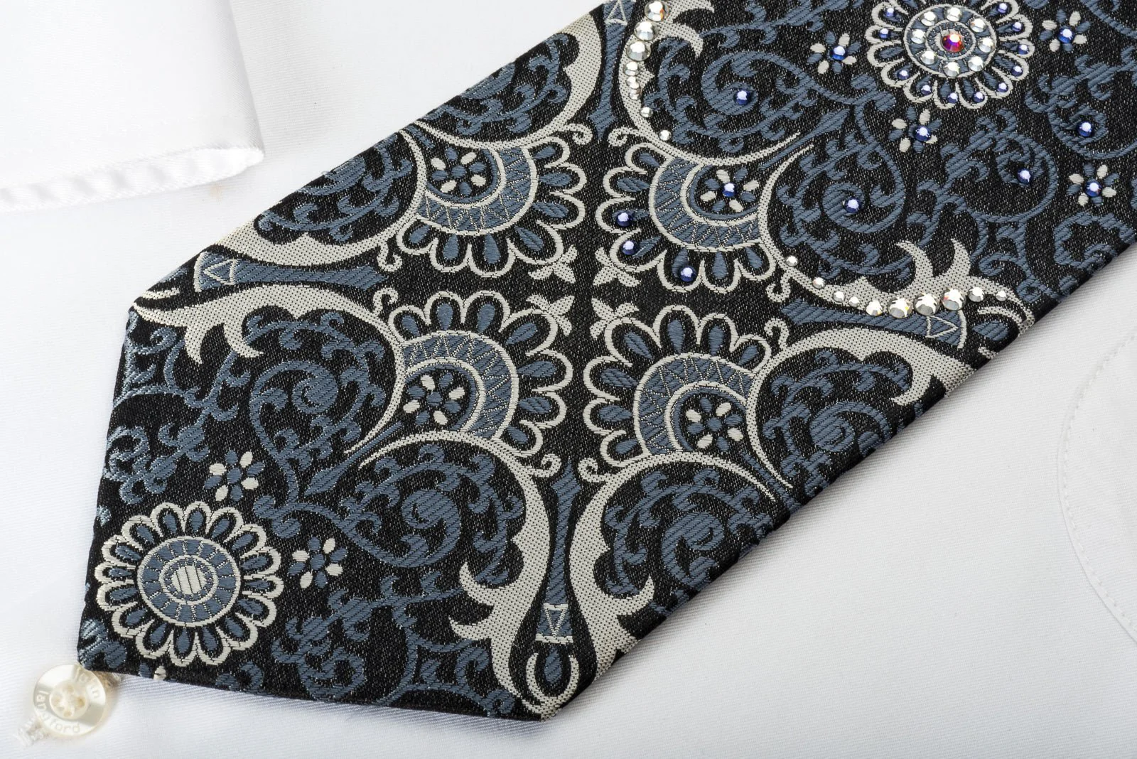 Daniel Hechter Silk Necktie Silver Damask On Black Sparkling With Rhinestones - Image 6