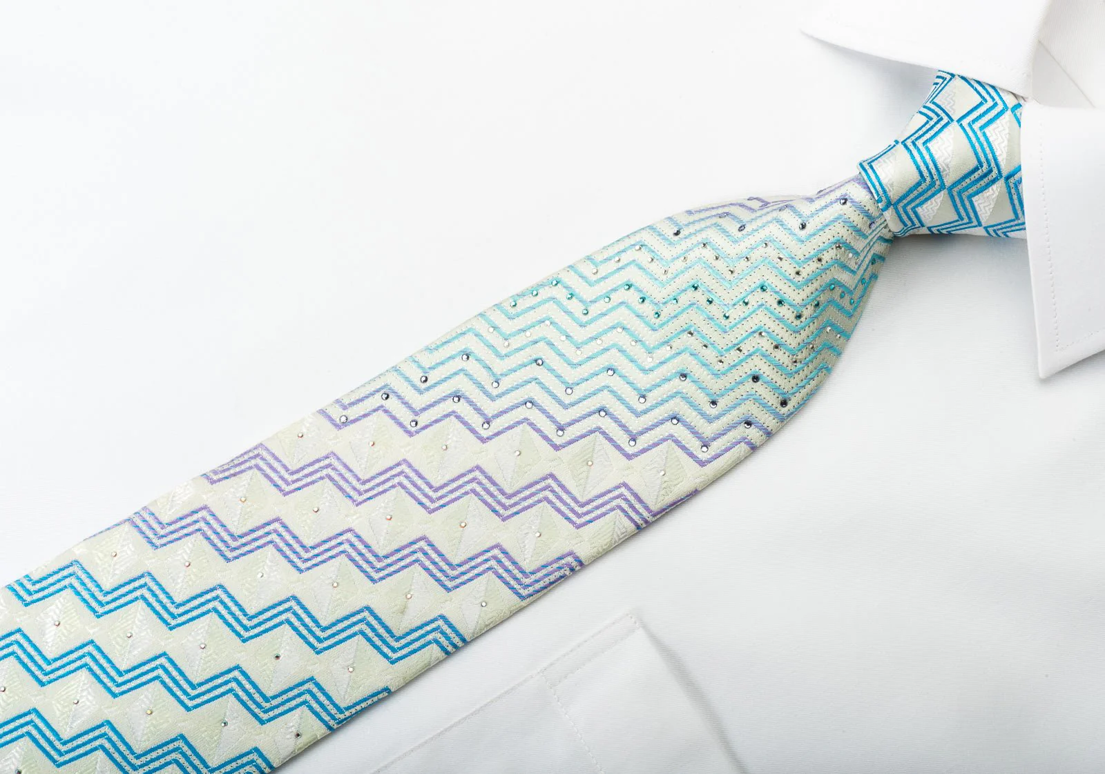Daniel Hechter Silk Rhinestone Necktie Blue Purple Zigzags On White With Sparkles - Image 2
