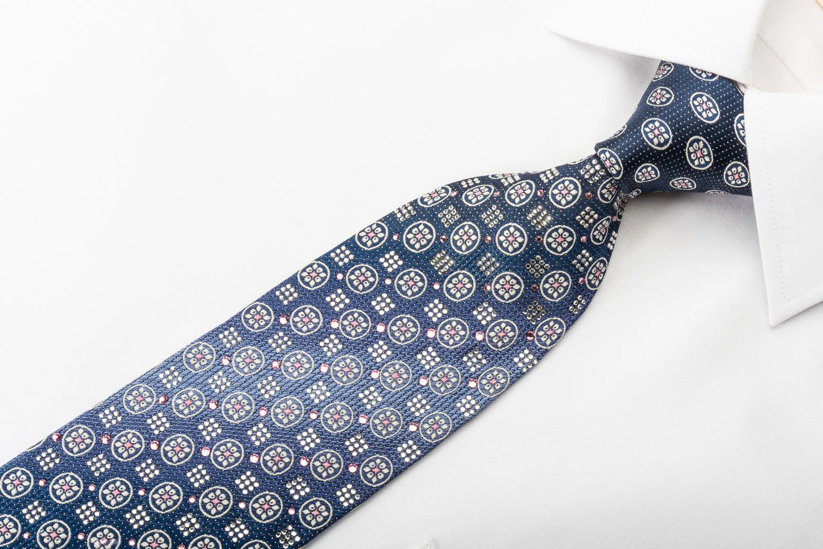 Daniel Hechter Silk Rhinestone Necktie Floral On Navy Blue With Silver Sparkles - Image 2