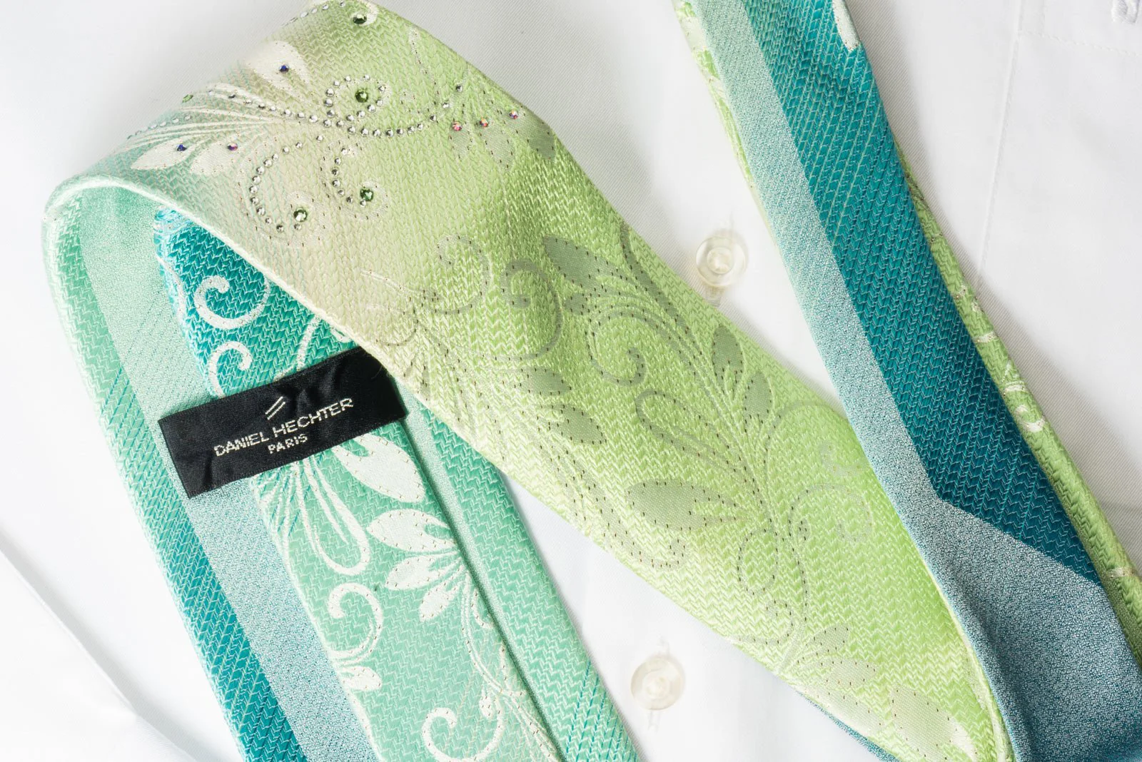 Daniel Hechter Silk Rhinestone Necktie Floral On Turquoice With Silver Sparkles - Image 4