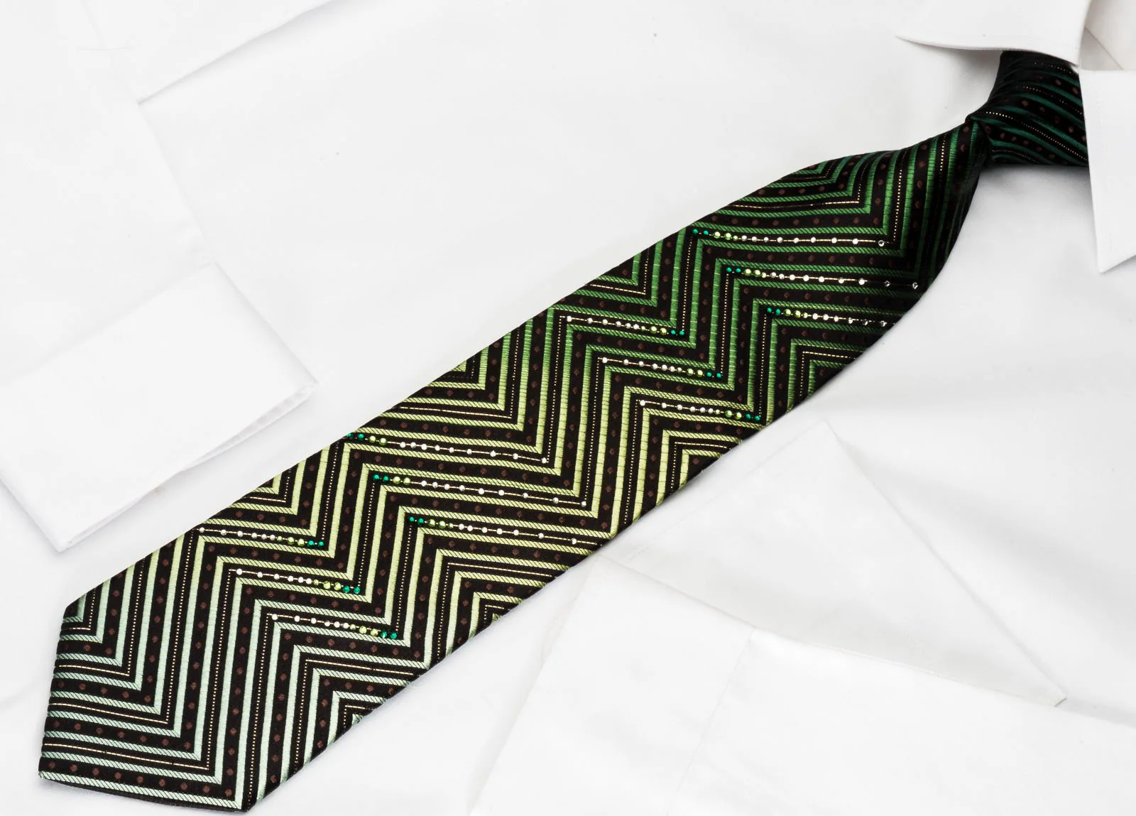 Silk Rhinestone Necktie Green Chevron Zigzags On Black With Silver Sparkles - Image 8