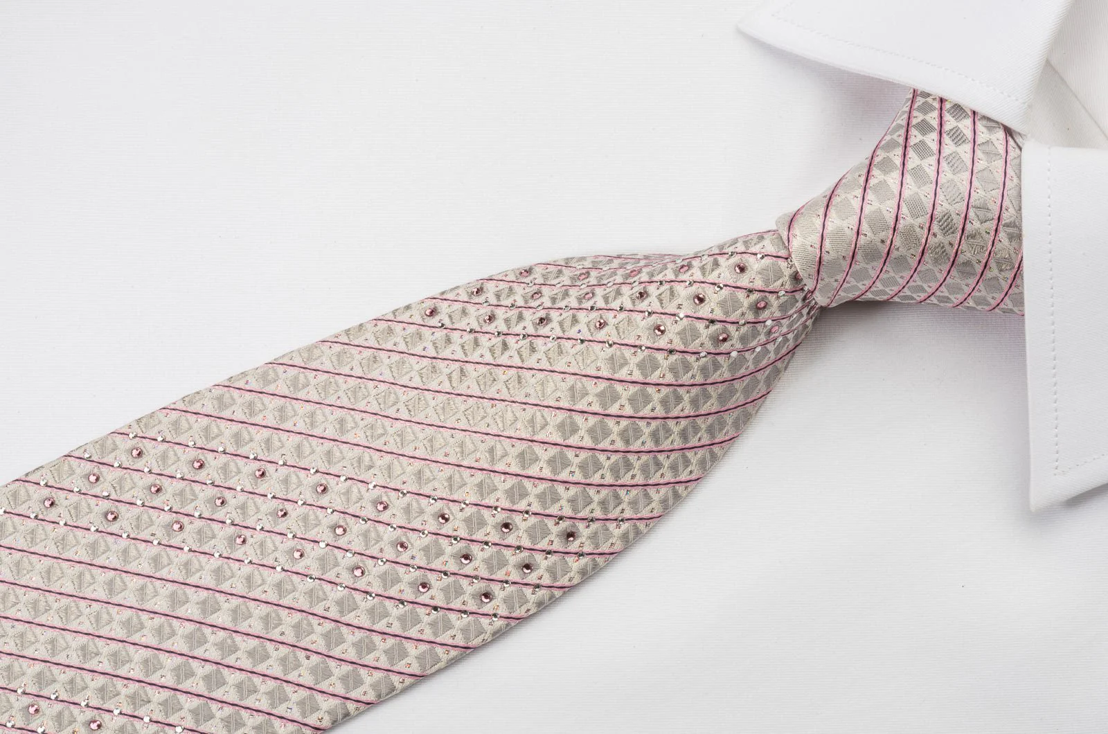 Daniel Hechter Silk Rhinestone Necktie Pink Striped On White With Silver Sparkles - Image 3