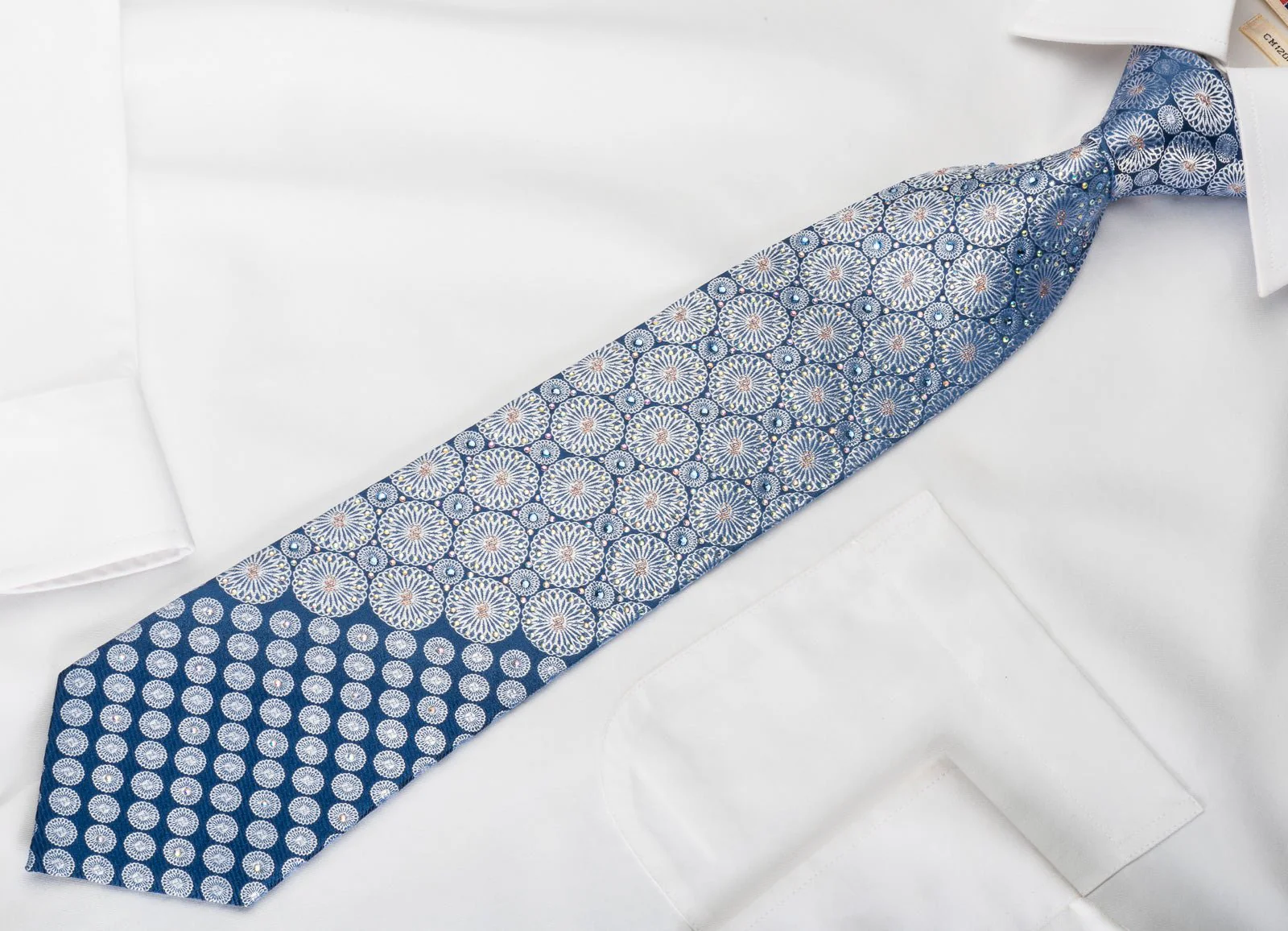Daniel Hechter Silk Rhinestone Necktie Silver Medallions On Blue With Sparkles - Image 6