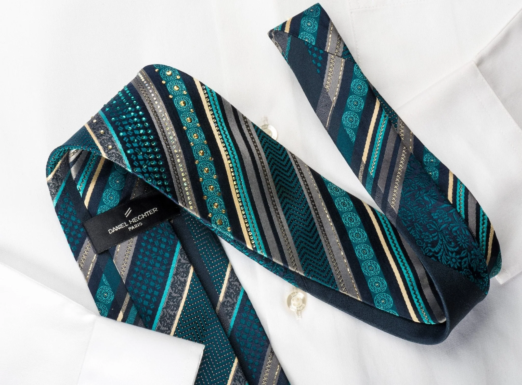 Daniel Hechter Silk Rhinestone Necktie Turquoise Stripes & Floral On Blue With Sparkles - Image 6