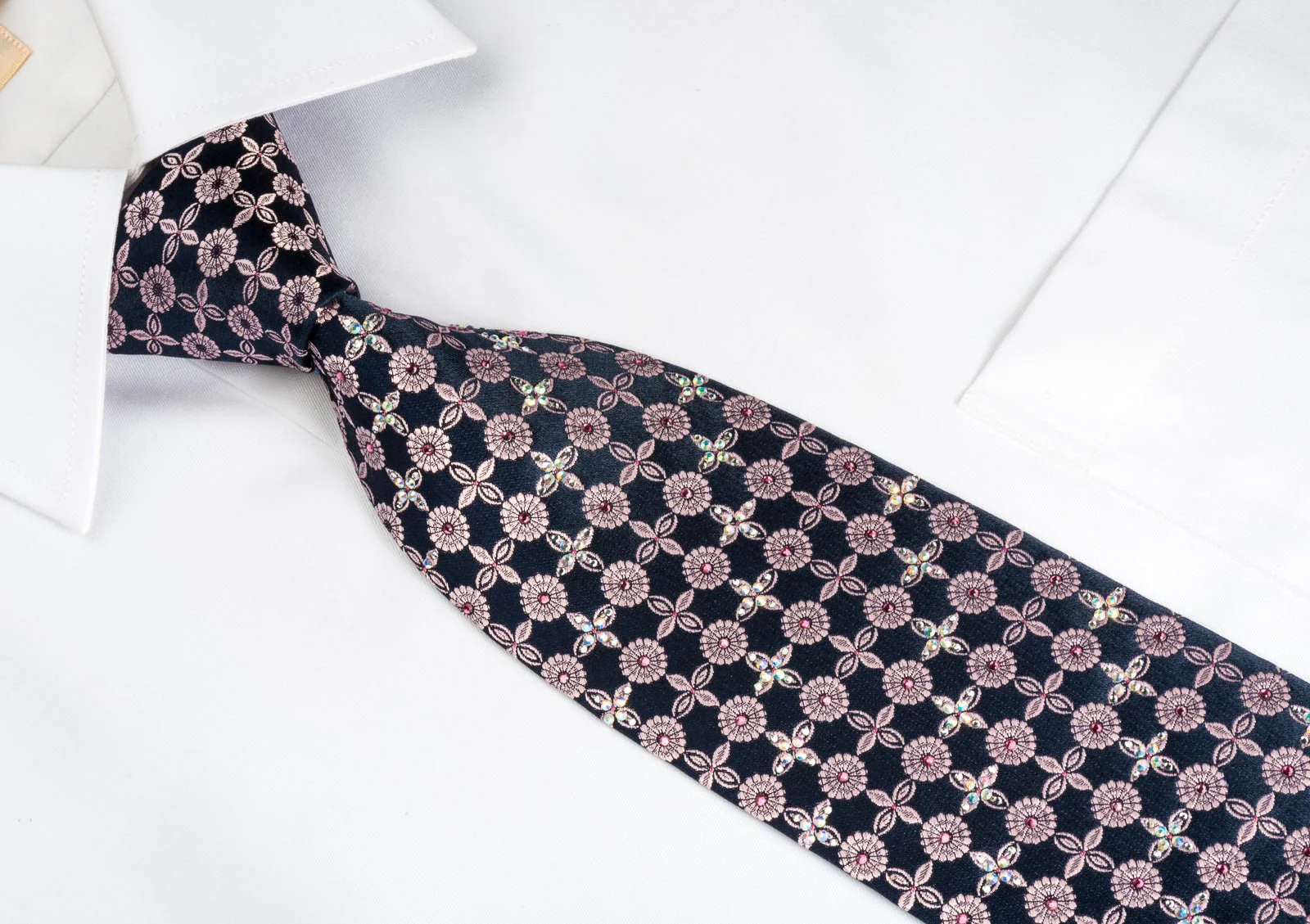 Daniel Hechter Silk Tie Floral Foulard On Blue With Rhinestones - Image 7