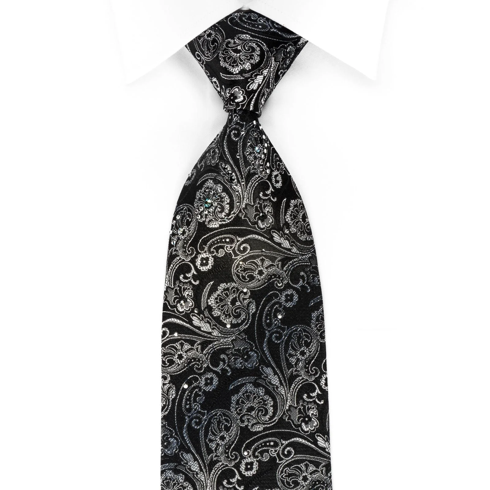 Daniel Hechter Silk Tie Silver Anthemion On Black With Rhinestones