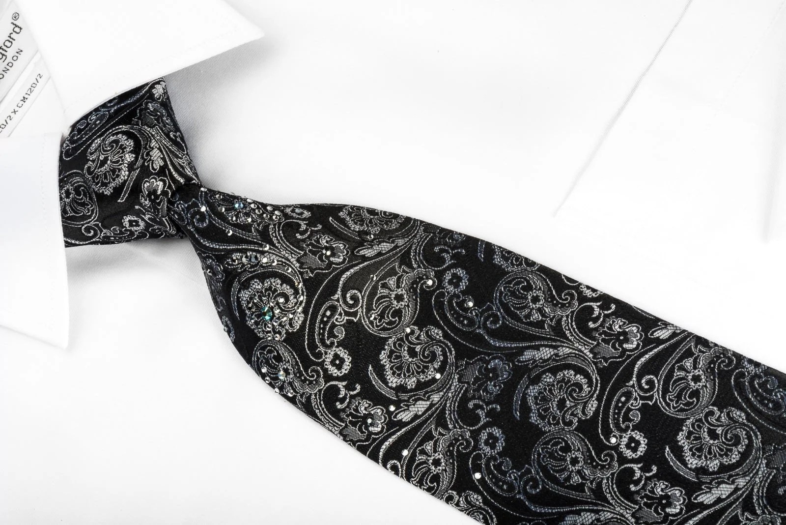 Daniel Hechter Silk Tie Silver Anthemion On Black With Rhinestones - Image 2