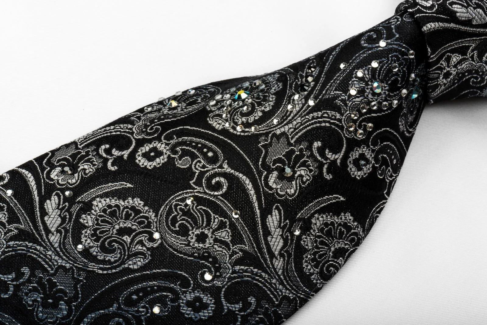 Daniel Hechter Silk Tie Silver Anthemion On Black With Rhinestones - Image 3