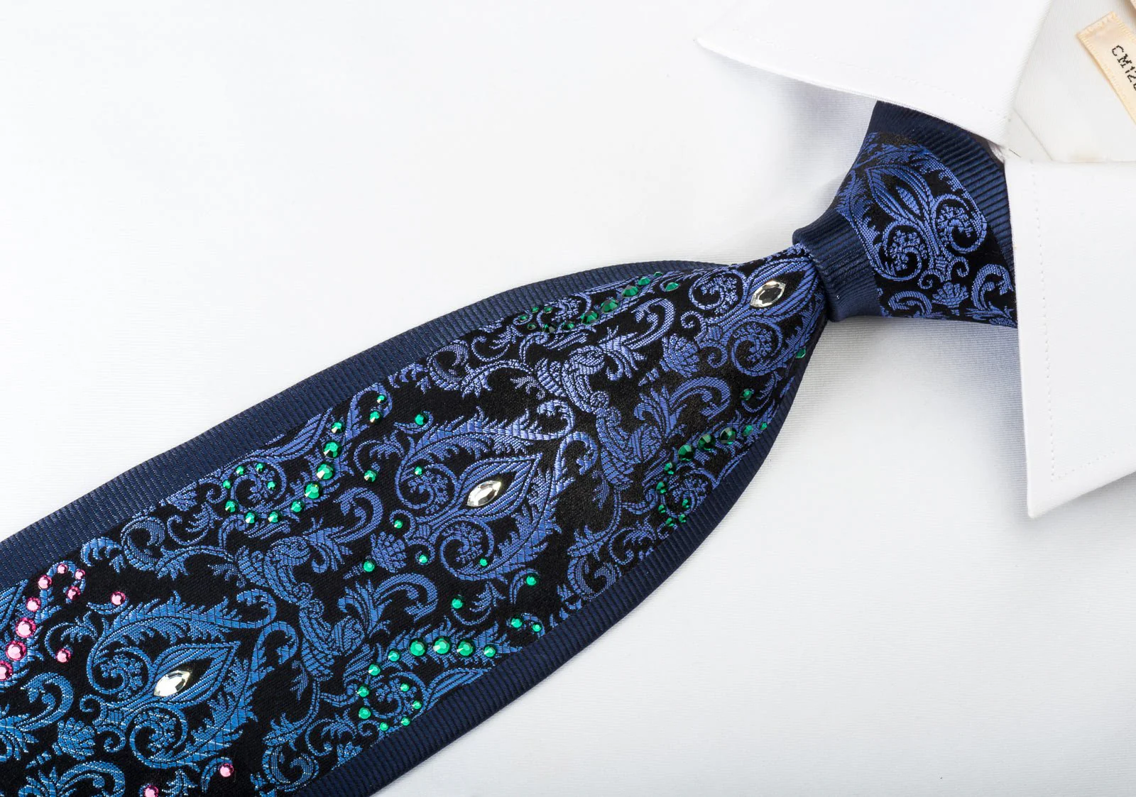 Daniel Hechter Silk Tie Silver Blue Damask On Navy Blue With Large Crystal Rhinestones - Image 4