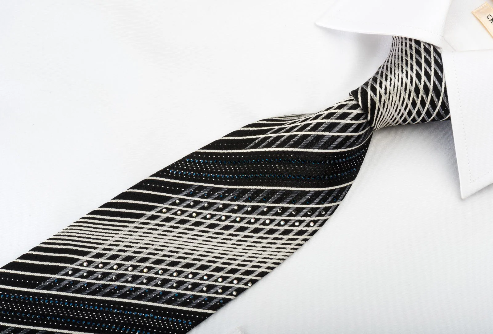Daniel Hechter Silk Tie Silver Striped On Black With Rhinestones - Image 4