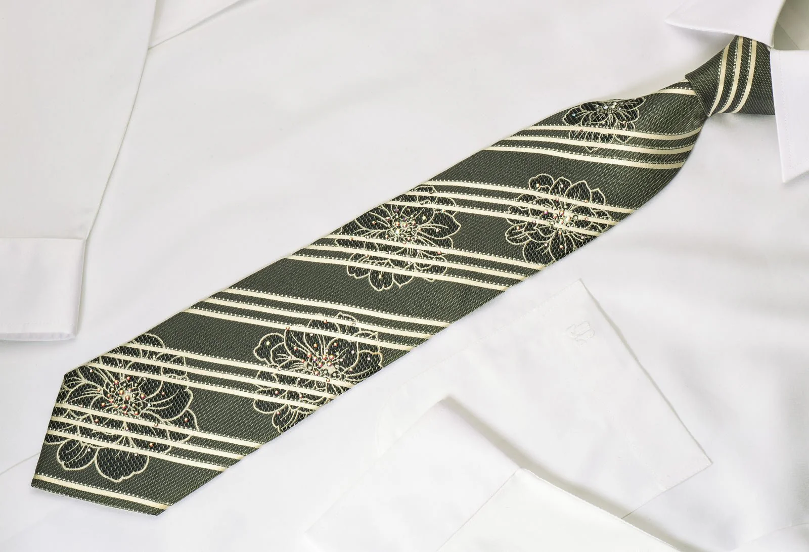 Daniel Hechter Silk Tie White Striped On Silver With Rhinestones - Image 2