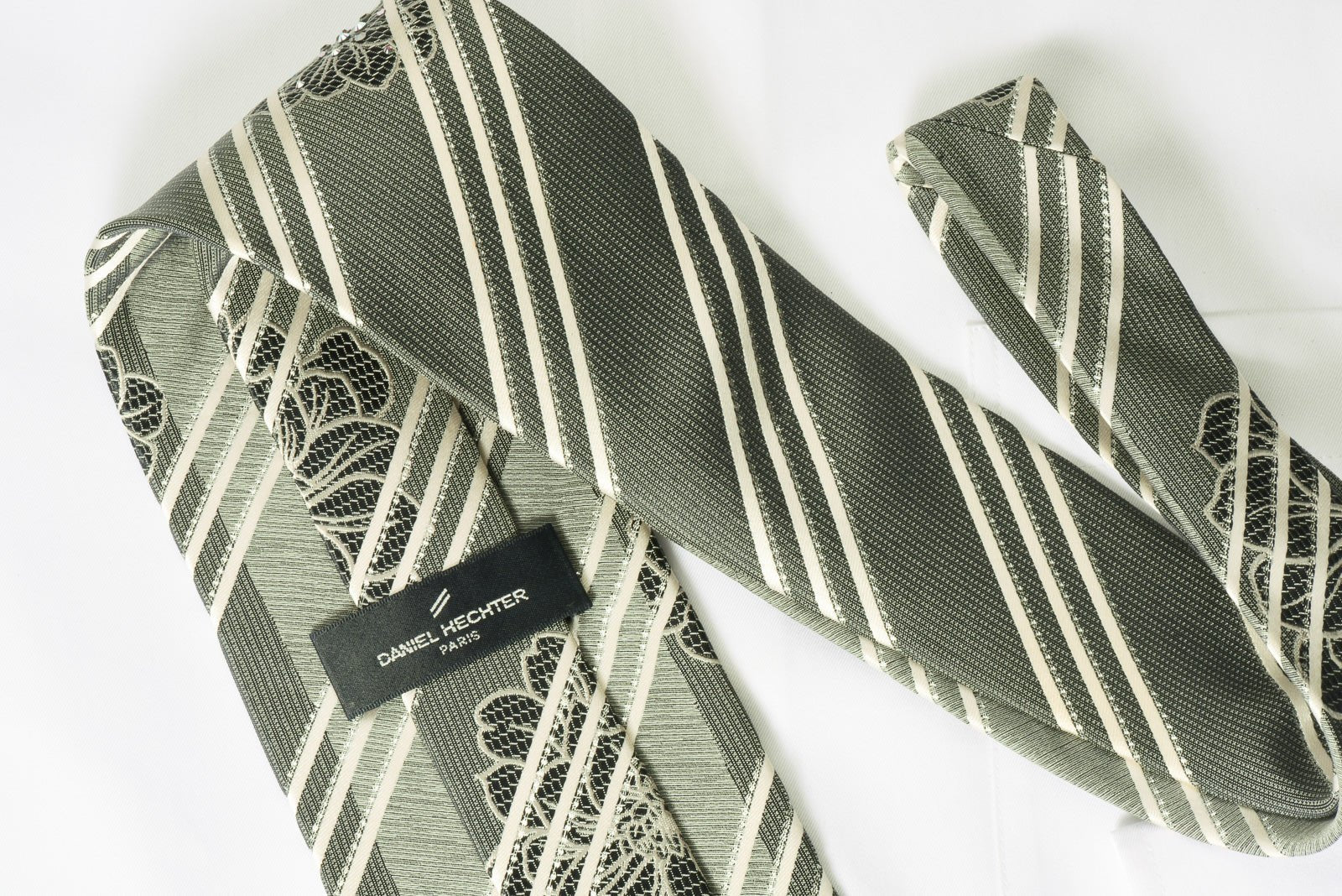 Daniel Hechter Silk Tie White Striped On Silver With Rhinestones - Image 3