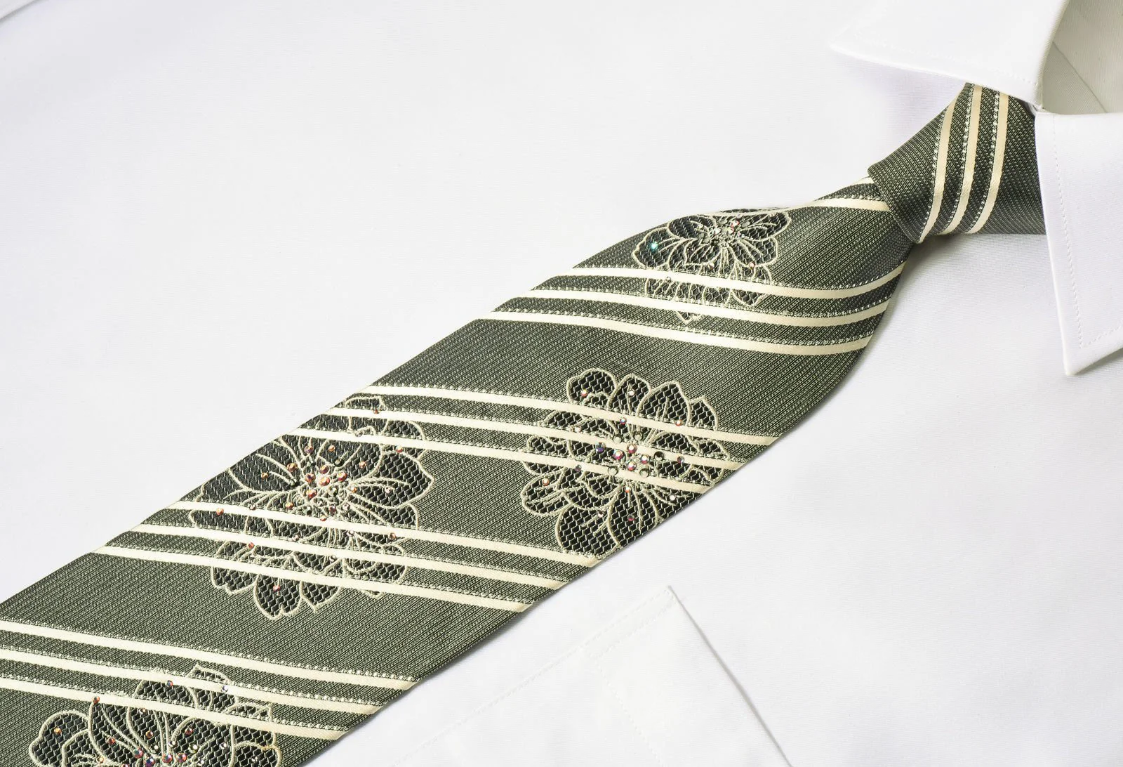 Daniel Hechter Silk Tie White Striped On Silver With Rhinestones - Image 4