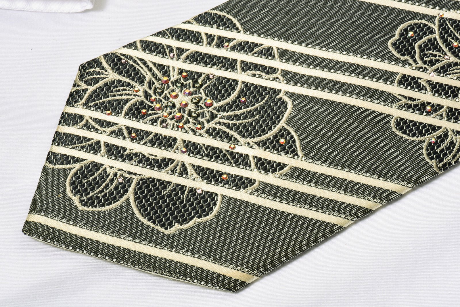 Daniel Hechter Silk Tie White Striped On Silver With Rhinestones - Image 5
