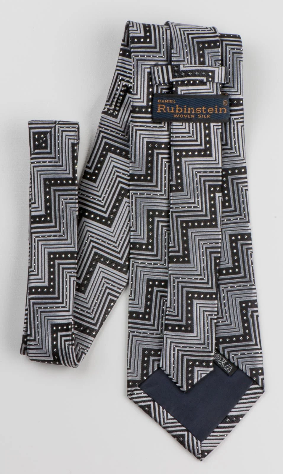 Daniel Rubenstein Men's Rhinestone Silk Neck Tie Silver Zig Zags On Black With Silver Sparkles - Image 5