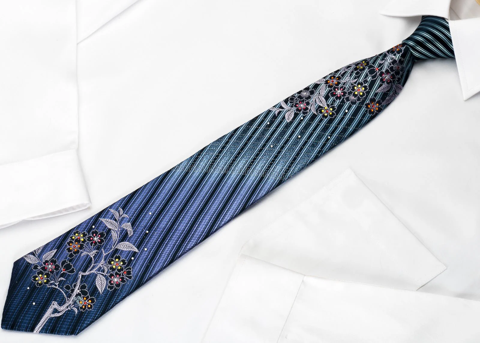DNSK Rhinestone Silk Necktie Floral Striped On Blue With Silver Sparkles - Image 3