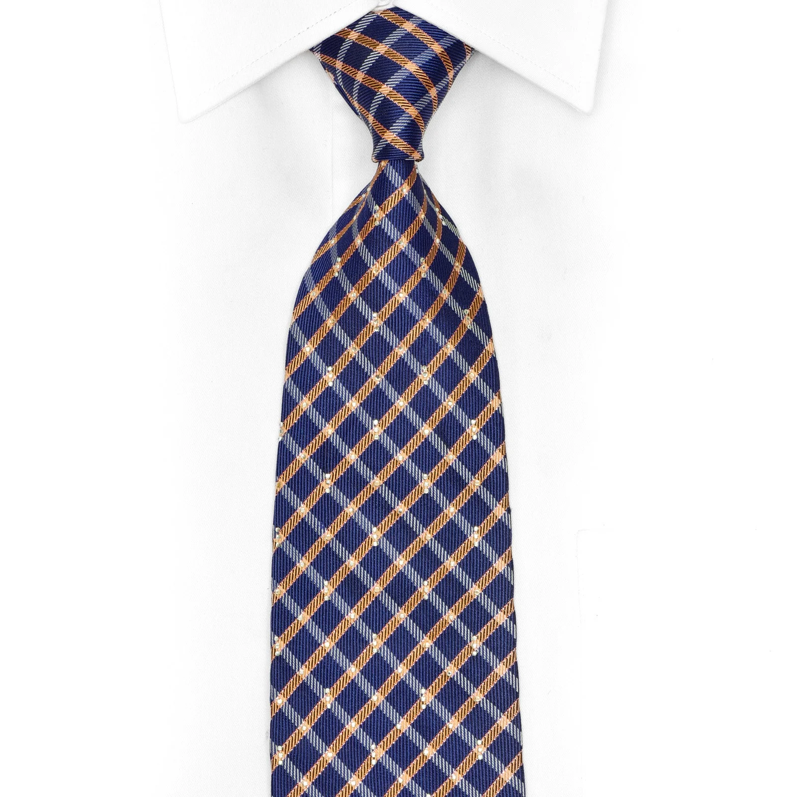 Orange silver plaid on navy blue rhinestone silk necktie