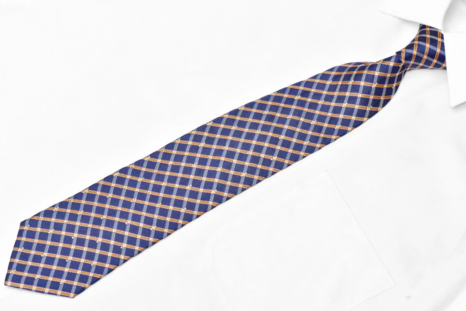 Orange silver plaid on navy blue rhinestone silk necktie - Image 2