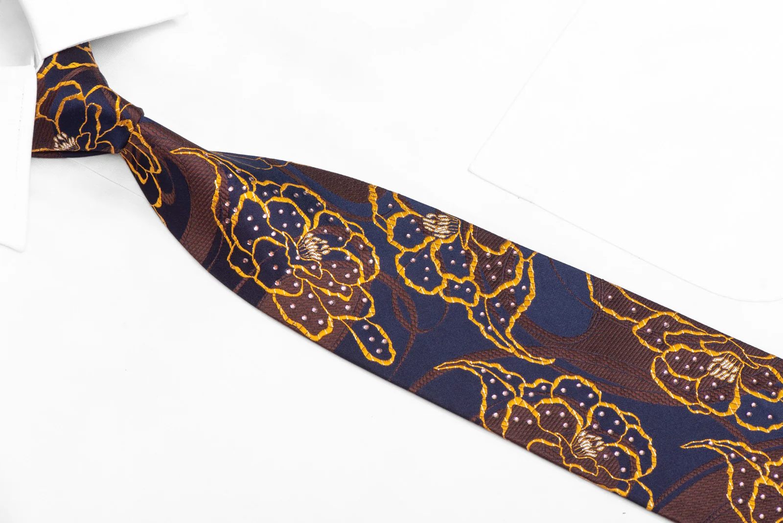 Yellow Brown Floral On Navy Blue Rhinestone Silk Tie With Silver Sparkles - Image 2