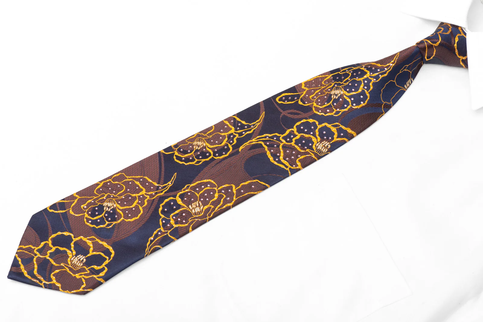 Yellow Brown Floral On Navy Blue Rhinestone Silk Tie With Silver Sparkles - Image 3