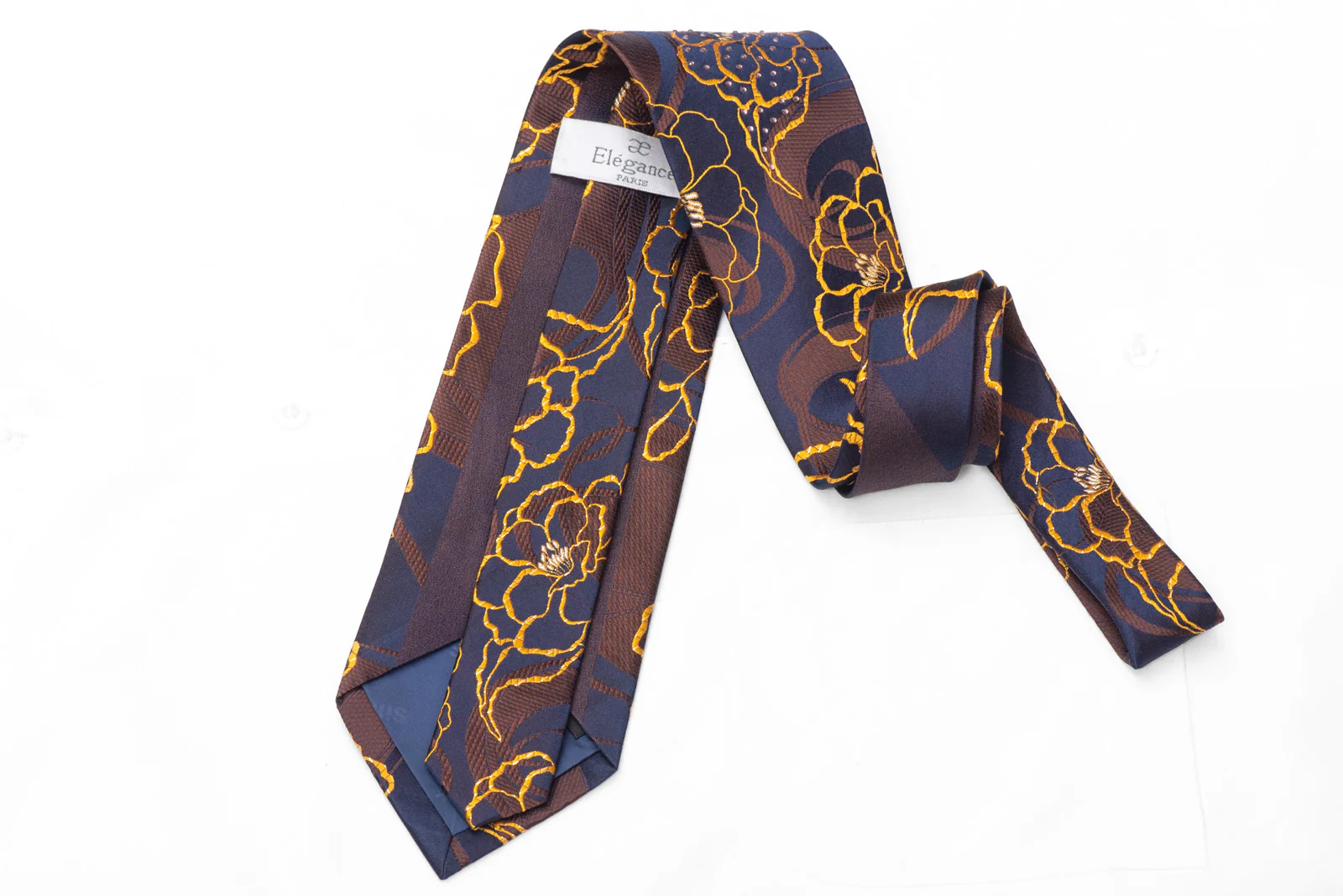 Yellow Brown Floral On Navy Blue Rhinestone Silk Tie With Silver Sparkles - Image 4