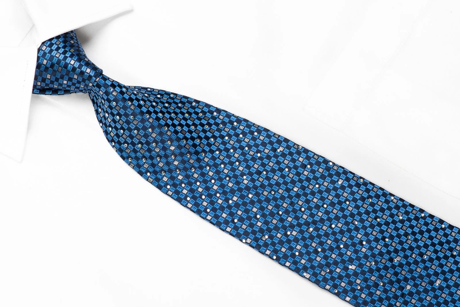 Elegance Men's Crystal Rhinestone Silk Tie Blue Silver Checkered with Silver Sparkles - Image 2