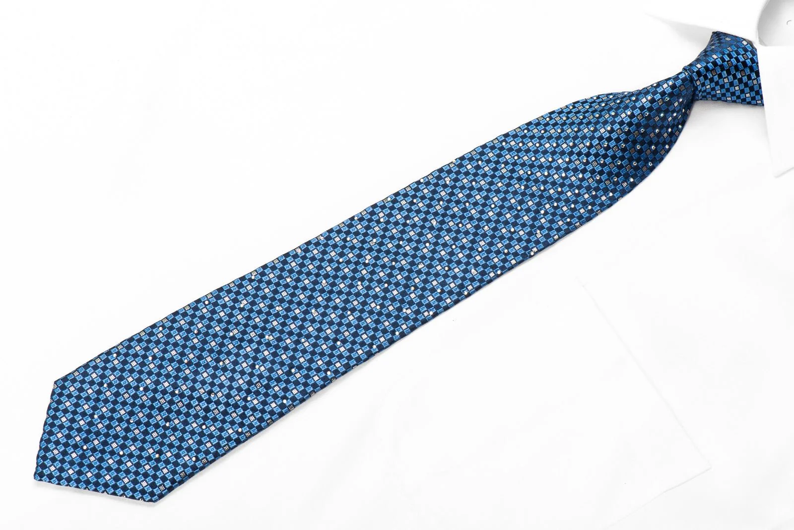 Elegance Men's Crystal Rhinestone Silk Tie Blue Silver Checkered with Silver Sparkles - Image 3
