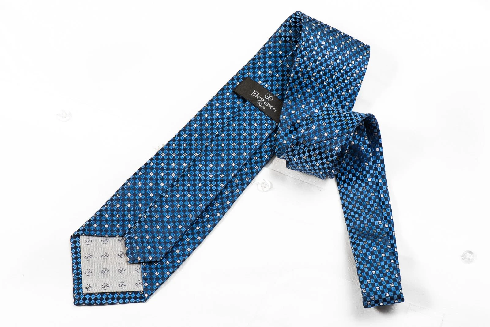 Elegance Men's Crystal Rhinestone Silk Tie Blue Silver Checkered with Silver Sparkles - Image 4