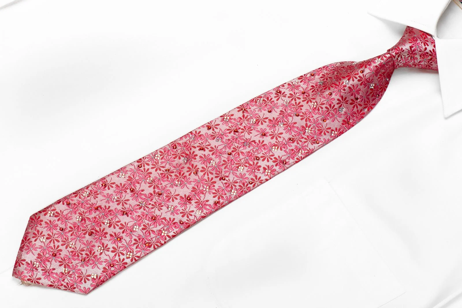 Elegance Men's Crystal Silk Necktie Floral On Pink With Blue Sparkles - Image 3