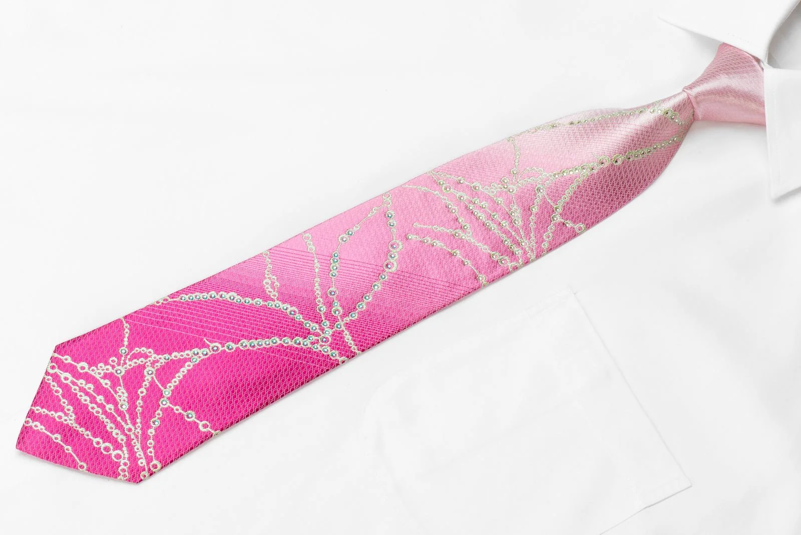 Elegance Men's Crystal Silk Necktie Geometric On Pink With Silver Sparkles - Image 2