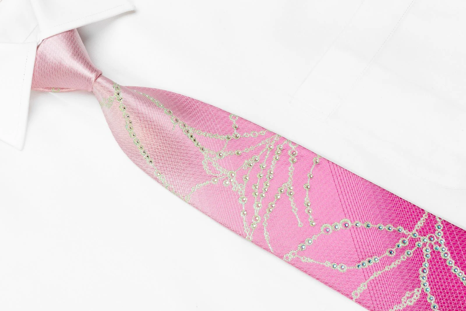 Elegance Men's Crystal Silk Necktie Geometric On Pink With Silver Sparkles - Image 3