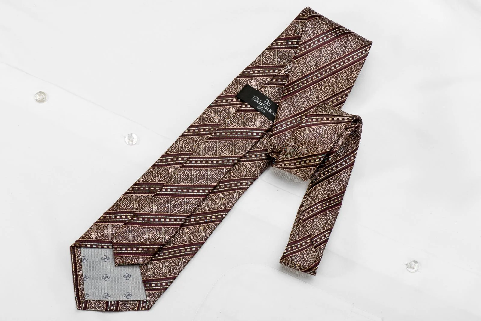 Elegance Men's Crystal Silk Necktie Gold Cartouche Striped On Burgundy With Silver Sparkles - Image 5