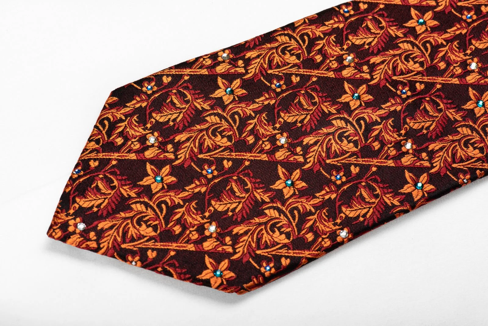Elegance Men's Crystal Silk Tie Orange Acanthus On Black Sparkling With Rhinestones - Image 2