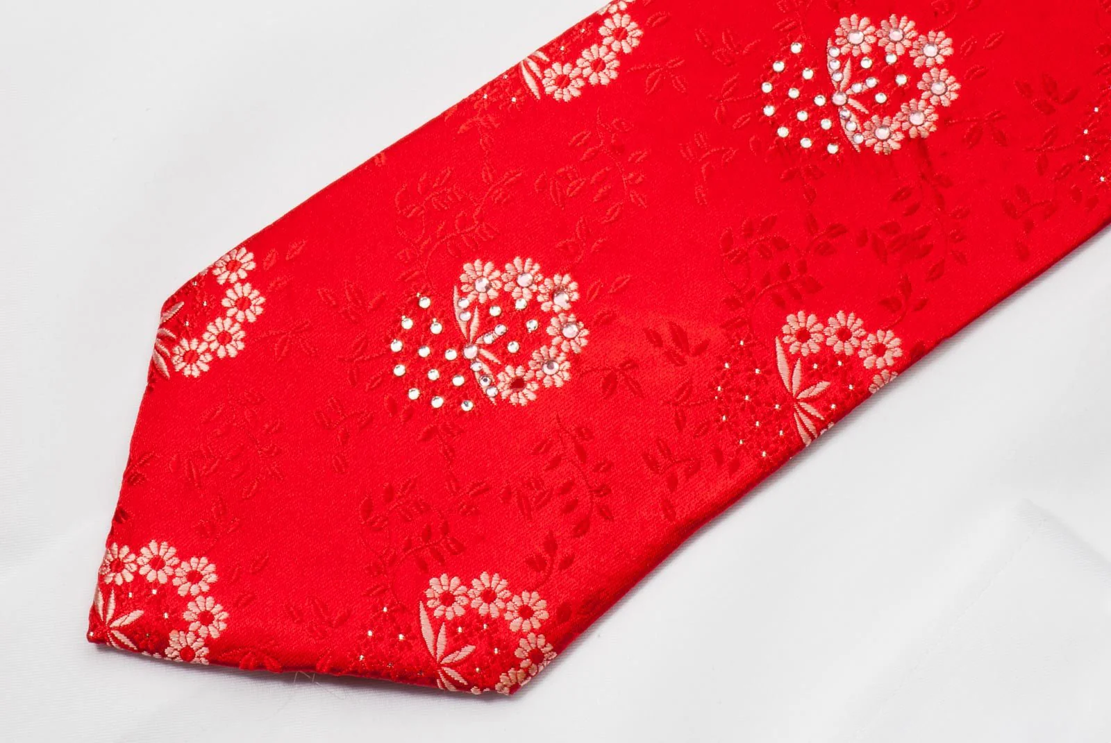 Elegance Men's Red Rhinestone Silk Neck Tie Floral Design On Red With Silver Sparkles - Image 6