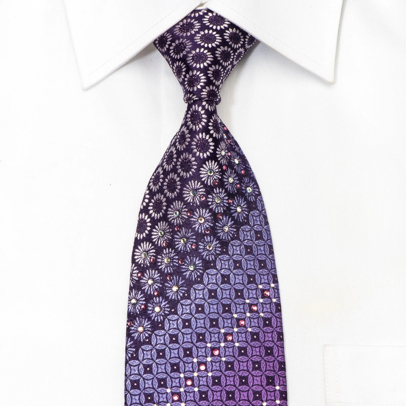 Elegance Men's Rhinestone Silk Tie Geometric Floral On Purple With Sparkles