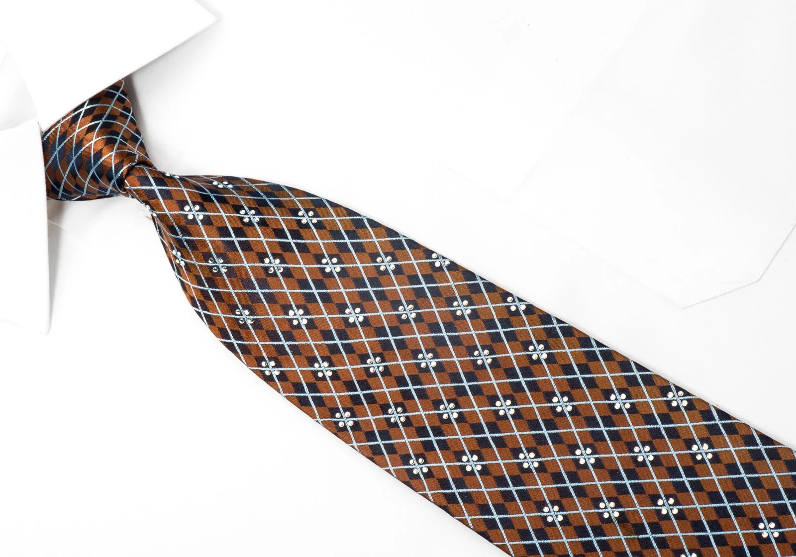 Elegance Men's Silk Necktie Navy Harlequin On Brown Sparkling With Crystal Rhinestones - Image 2