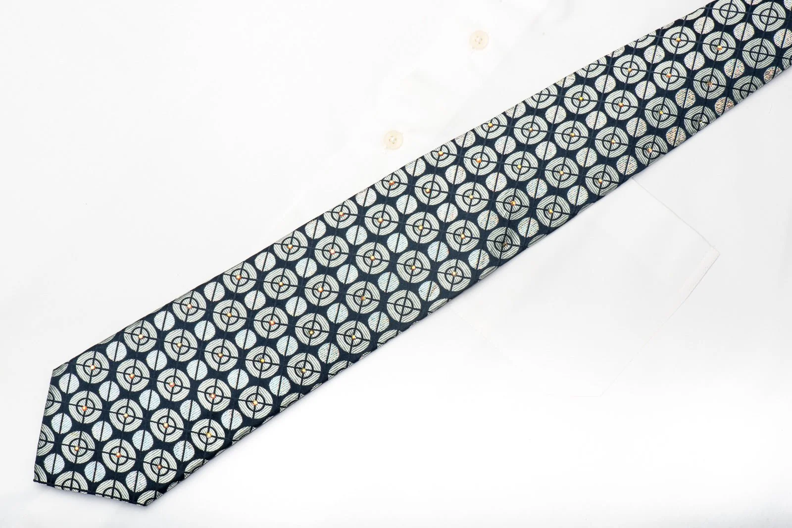 Men's Silk Necktie Silver Geometric Circles On Navy Sparkling With Rhinestones - Image 3