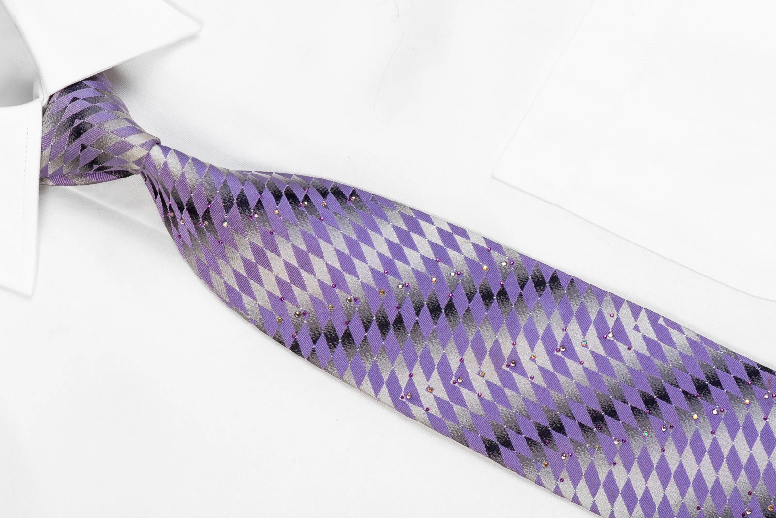 Elegance Men's Silk Rhinestone Tie Purple Geometric On Silver With Sparkles - Image 2