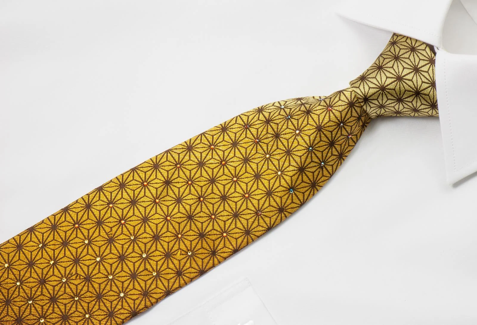 Elegance Men's Silk Tie Geometric Trellis On Yellow Brown With Crystal Rhinestones