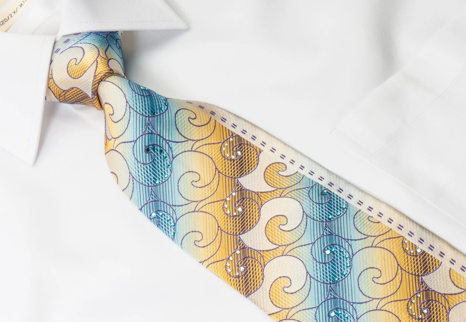 Elegance Men's Woven Silk Necktie Brown Blue Geometric Pattern With Rhinestones - Image 6