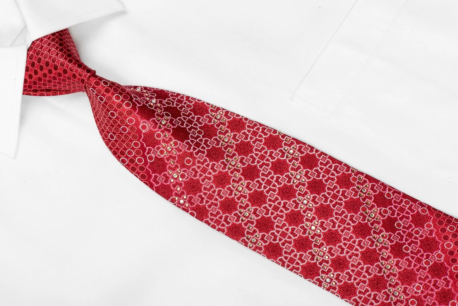 Elegance Mens Crystal Silk Necktie Geometric On Red With Silver Sparkles - Image 3